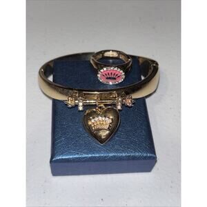 Gorgeous Juicy Couture Jewelry Set Ring Bracelet Crown Heart Charm Gold Adjust